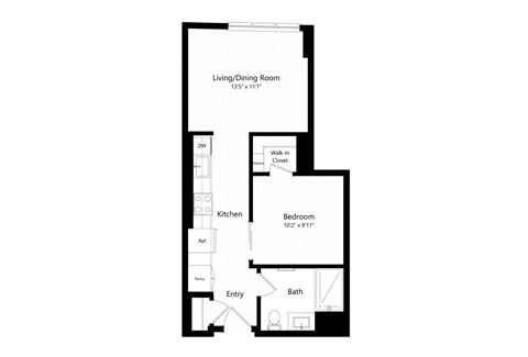 Floor plan for 1 bed, 1 bath, 568 sqft